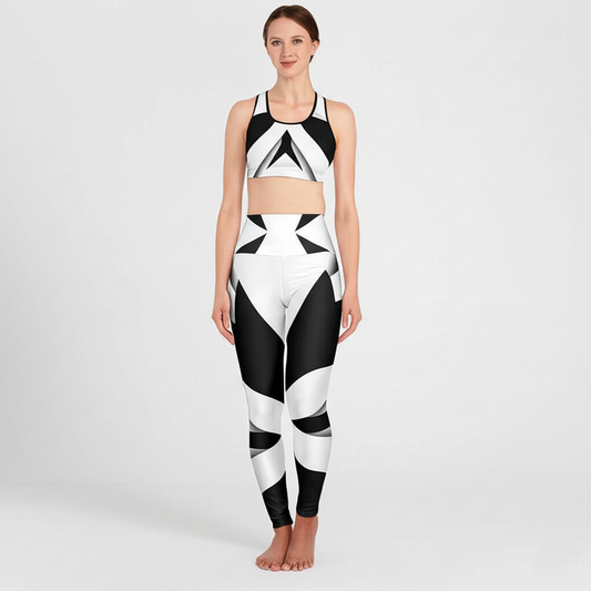 Monochrome Maze High-Waist Yoga Leggings - Bold Black & White